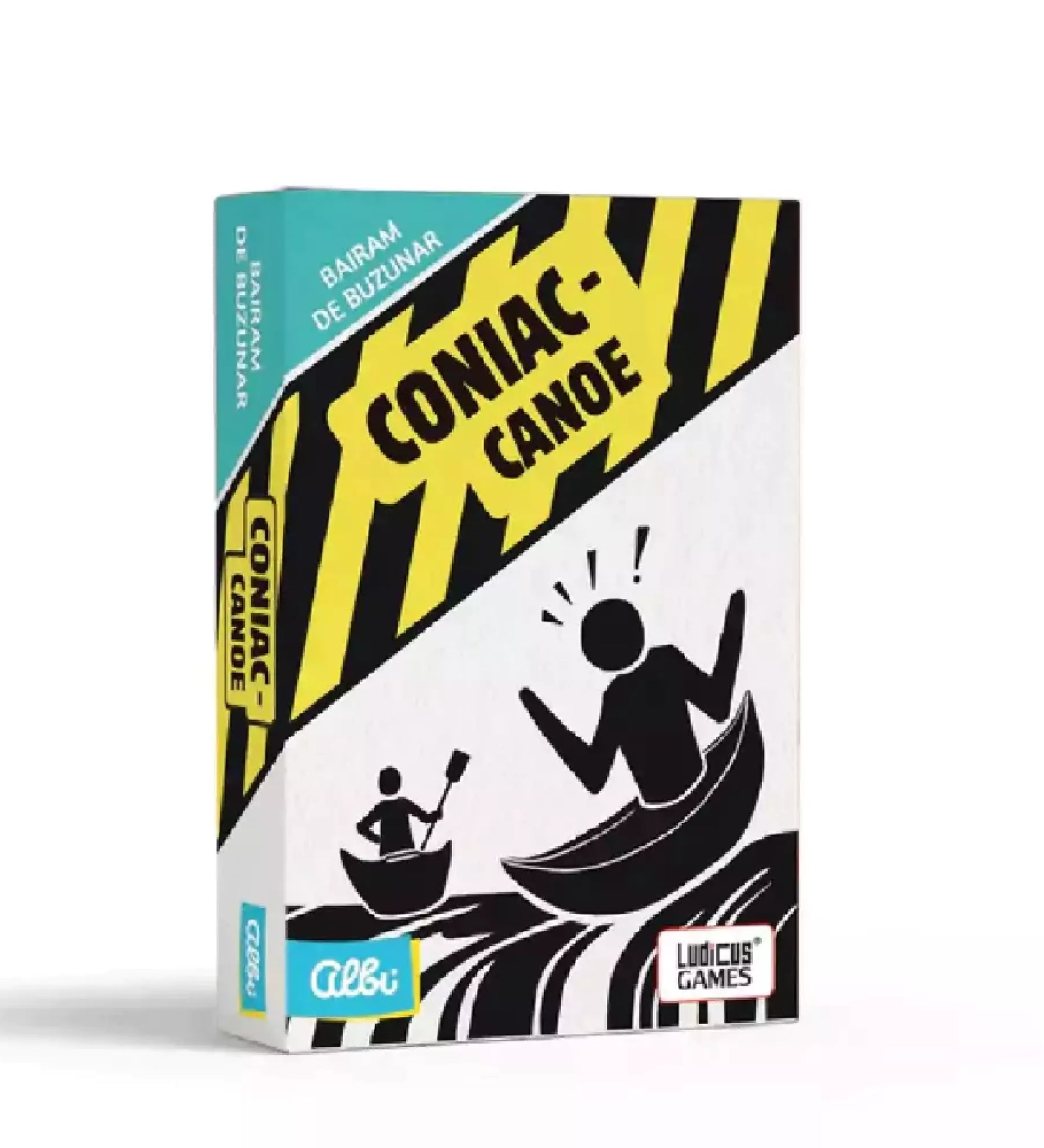 A "Coniac-Canoe" társasjáték doboza, amely figyelemfelkeltő, fekete-sárga dizájnnal és humoros illusztrációkkal rendelkezik.