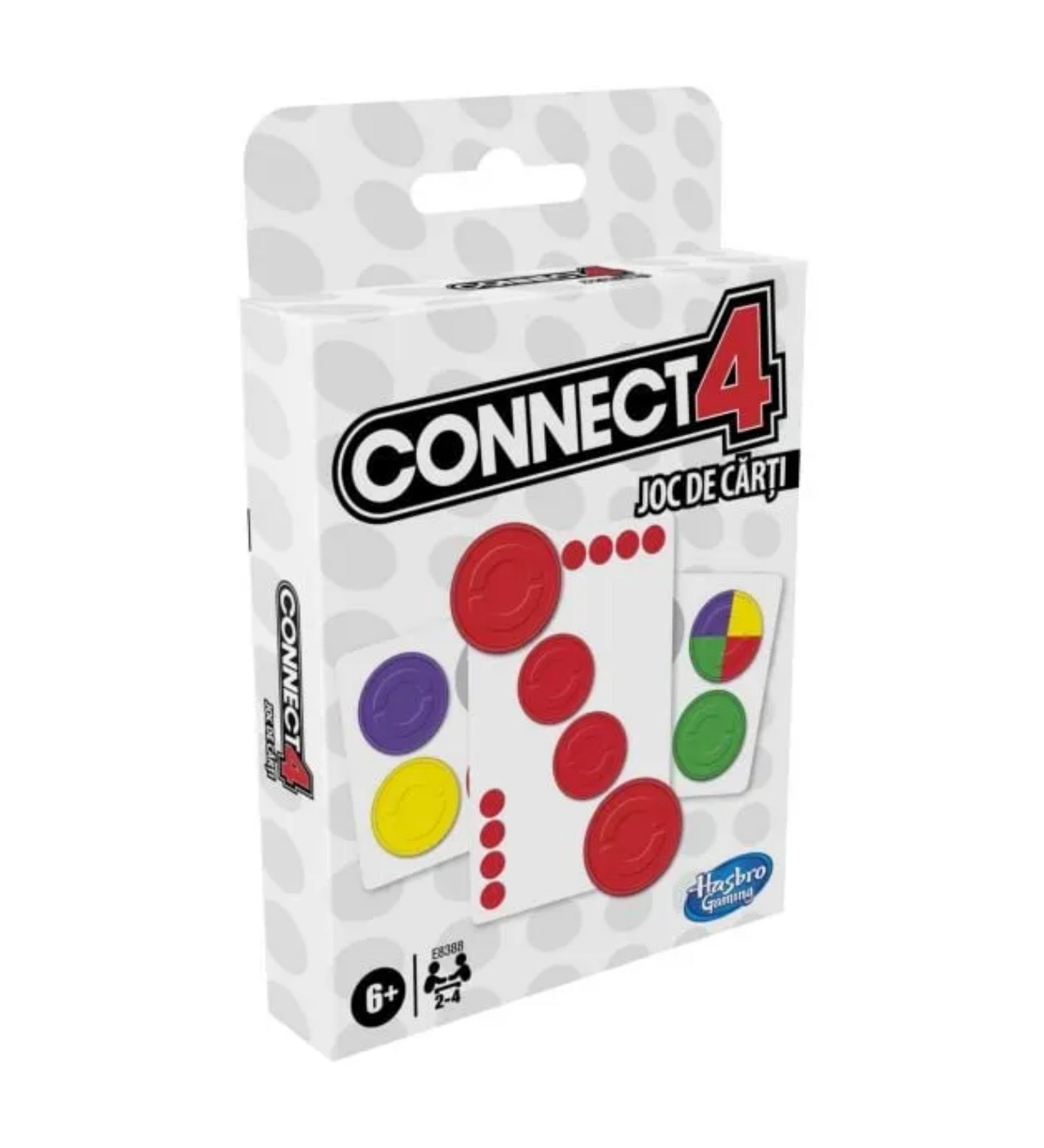A doboz élénk, vad színekkel készült grafikával hirdeti a Connect 4 kártyajátékot, amely extra akciókat és titkos küldetéseket kínál.