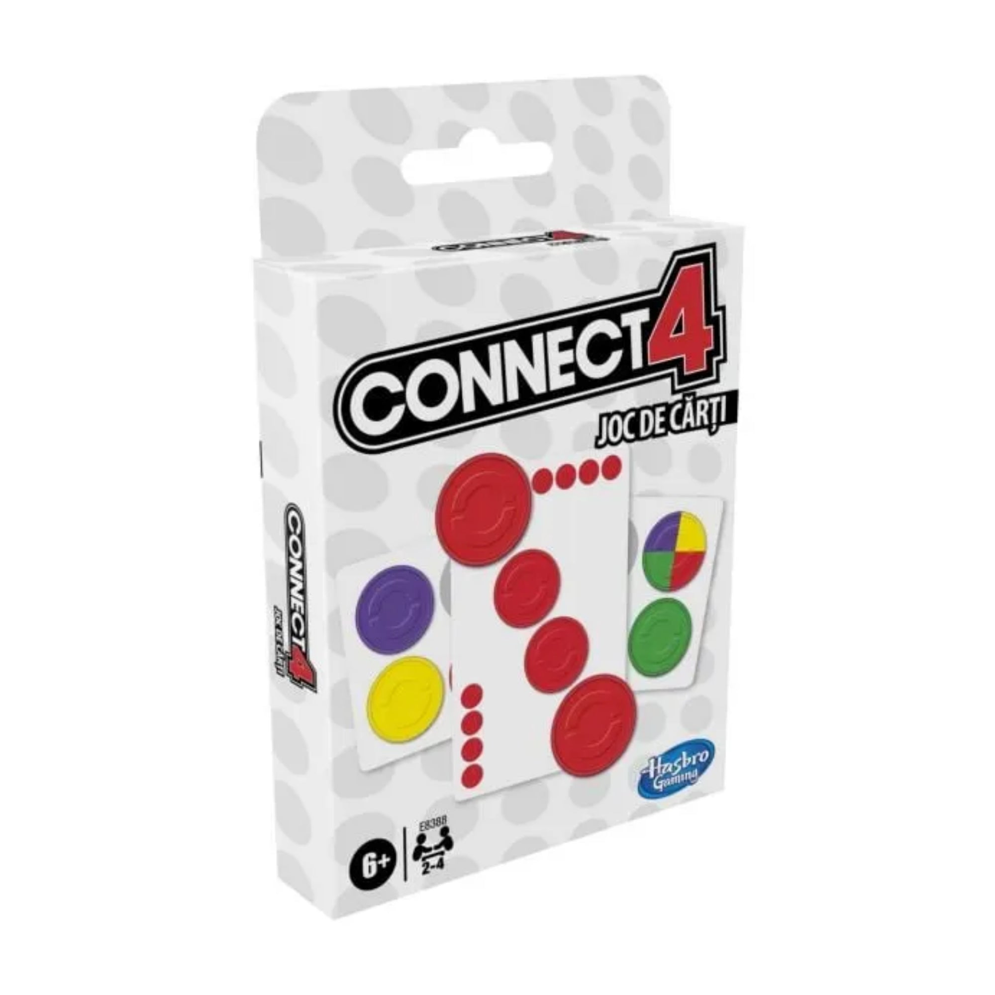 A doboz élénk, vad színekkel készült grafikával hirdeti a Connect 4 kártyajátékot, amely extra akciókat és titkos küldetéseket kínál.