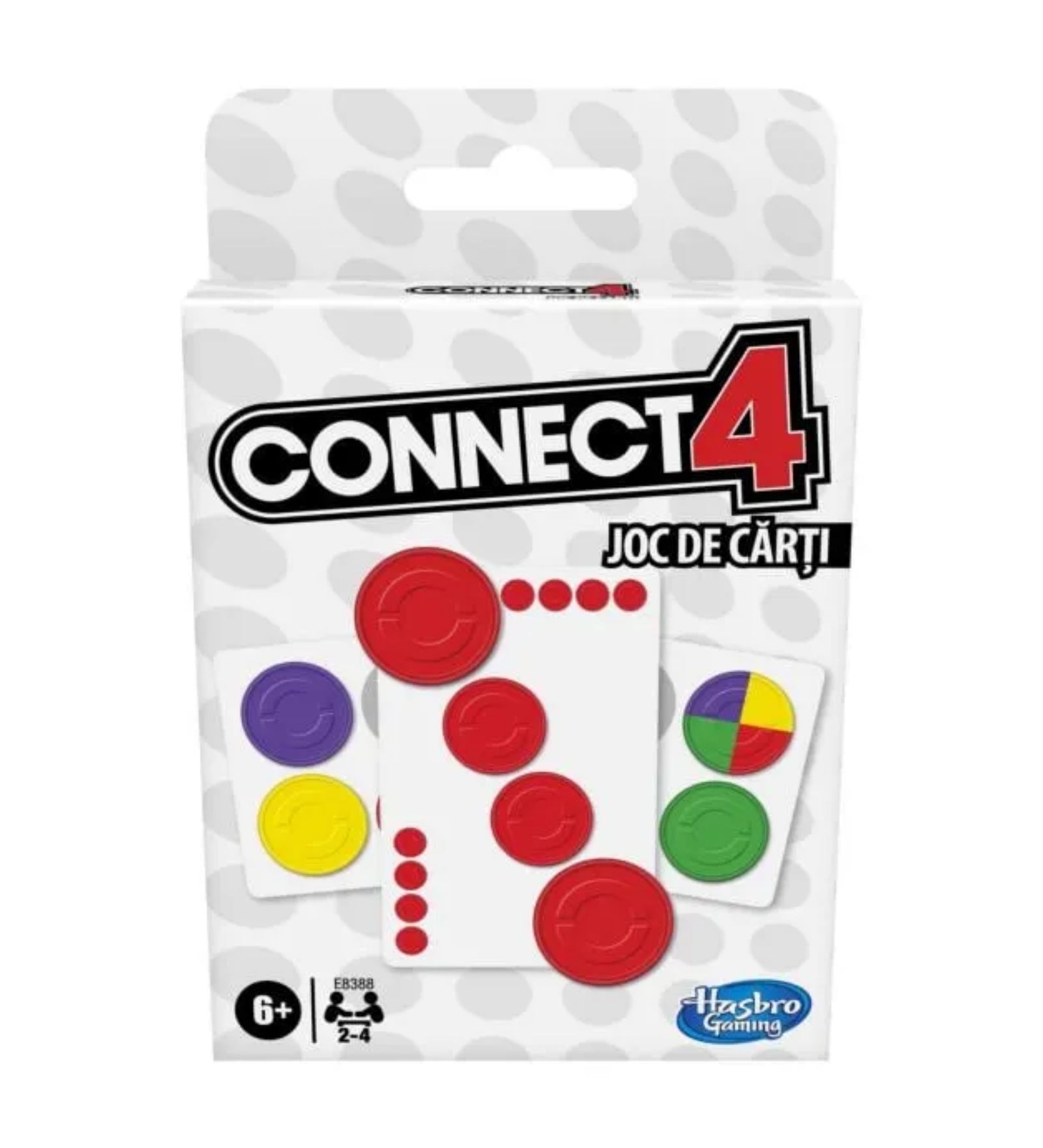 A Connect 4 kártyajáték csomagolása, amely a klasszikus 4 egy sorban játék új, izgalmas kártyás változatát mutatja be.