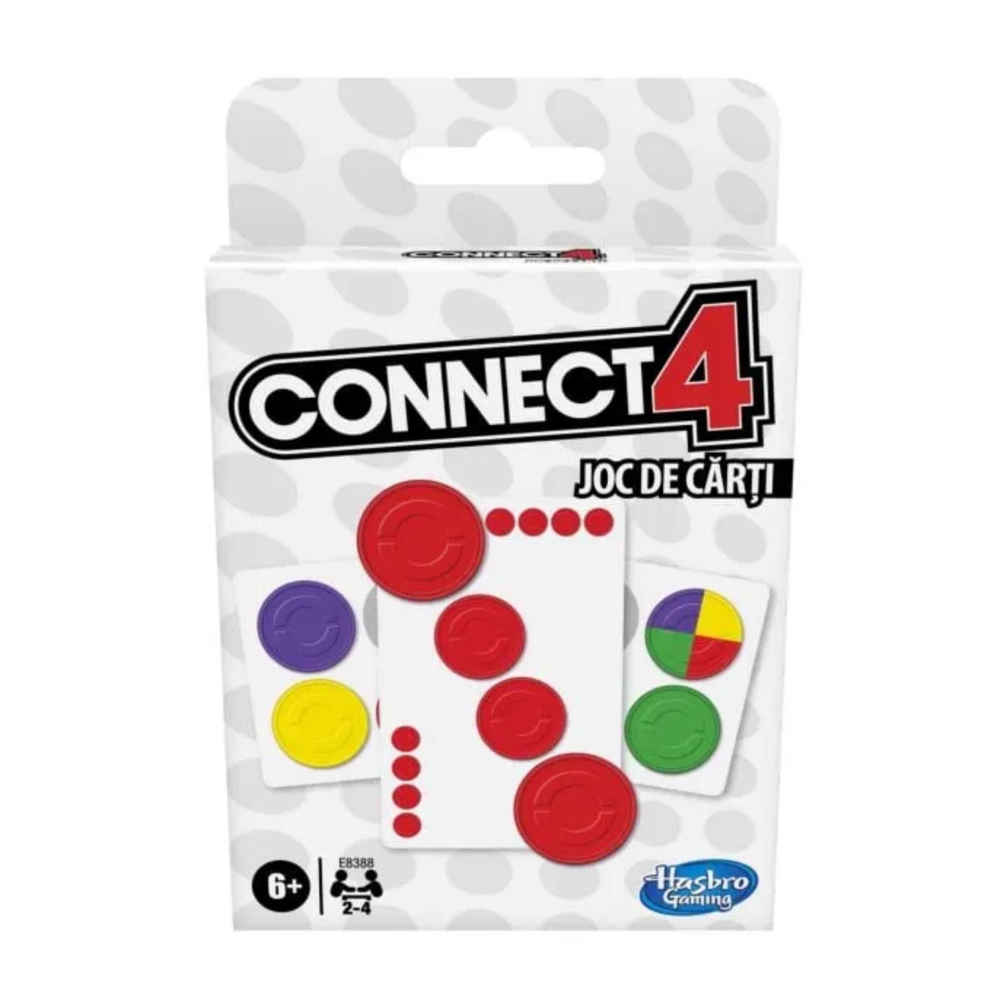 A Connect 4 kártyajáték csomagolása, amely a klasszikus 4 egy sorban játék új, izgalmas kártyás változatát mutatja be.