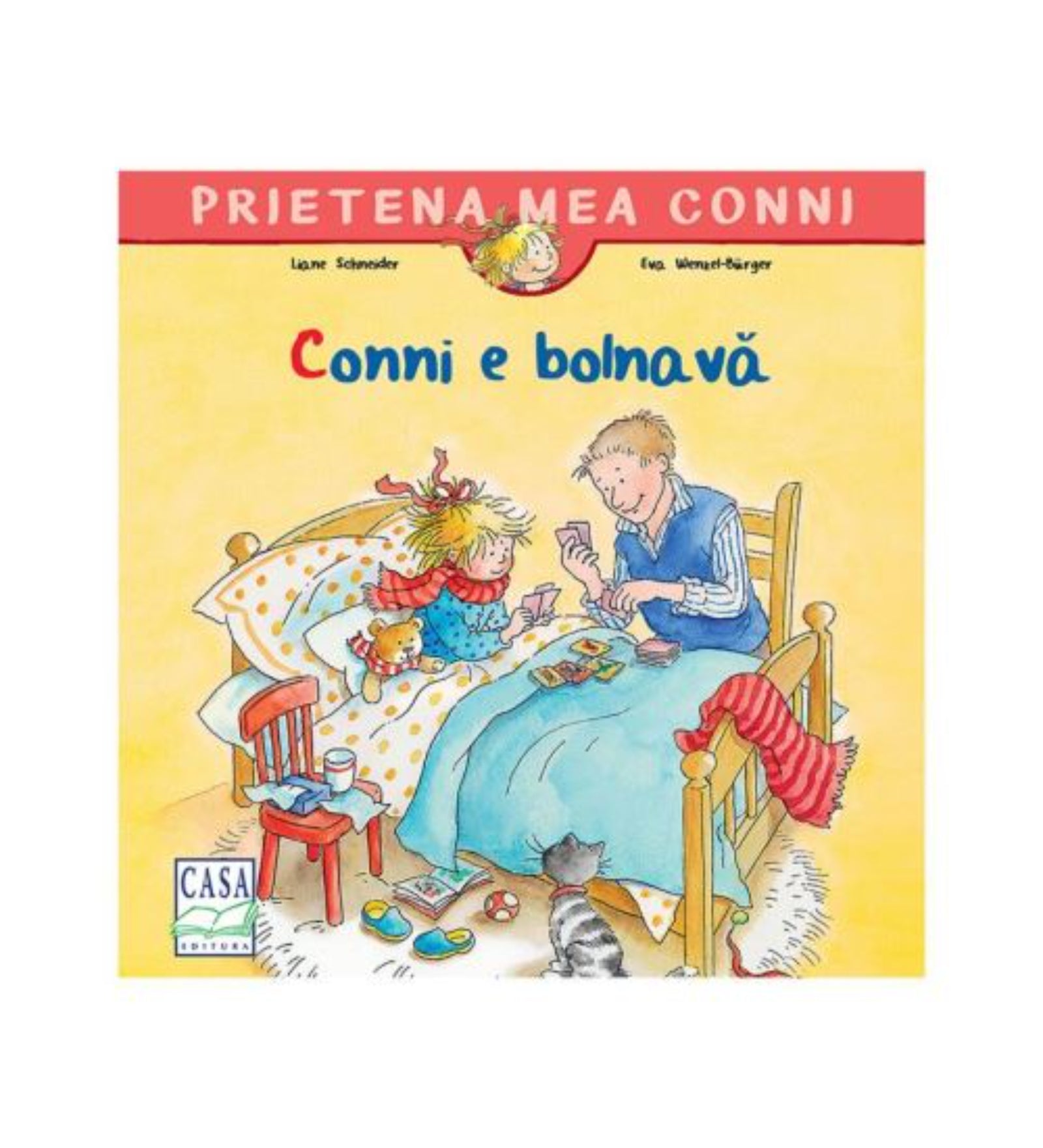 Conni e bolnavă – Prietena mea Conni sorozat borítója, amelyen Conni ágyban fekszik betegen, apukája pedig kártyázik vele, mellette a macska és a mackó.