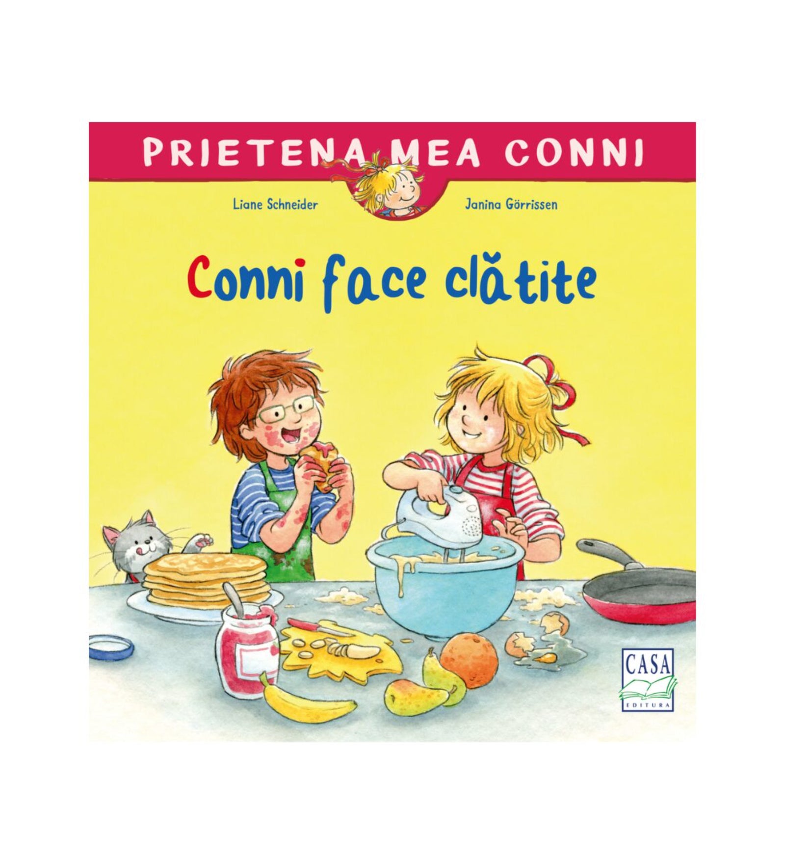 Prietena mea Conni – Conni face clătite könyv borítója, amelyen Conni és egy barátja palacsintát készítenek a konyhában, vidám illusztrációval.