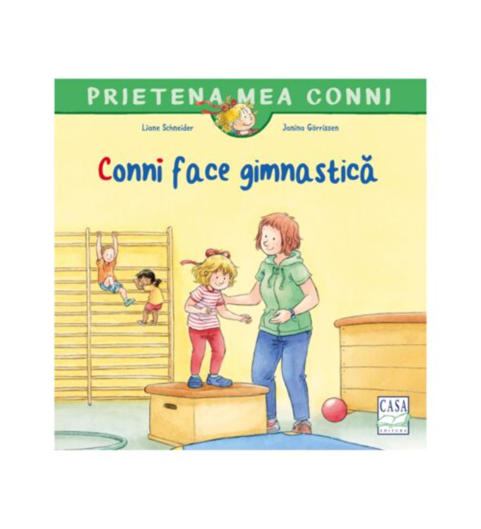 Prietena mea Conni – Conni face gimnastică könyv borítója, amelyen Conni tornateremben gyakorol egy edző segítségével, miközben más gyerekek mászókán játszanak.