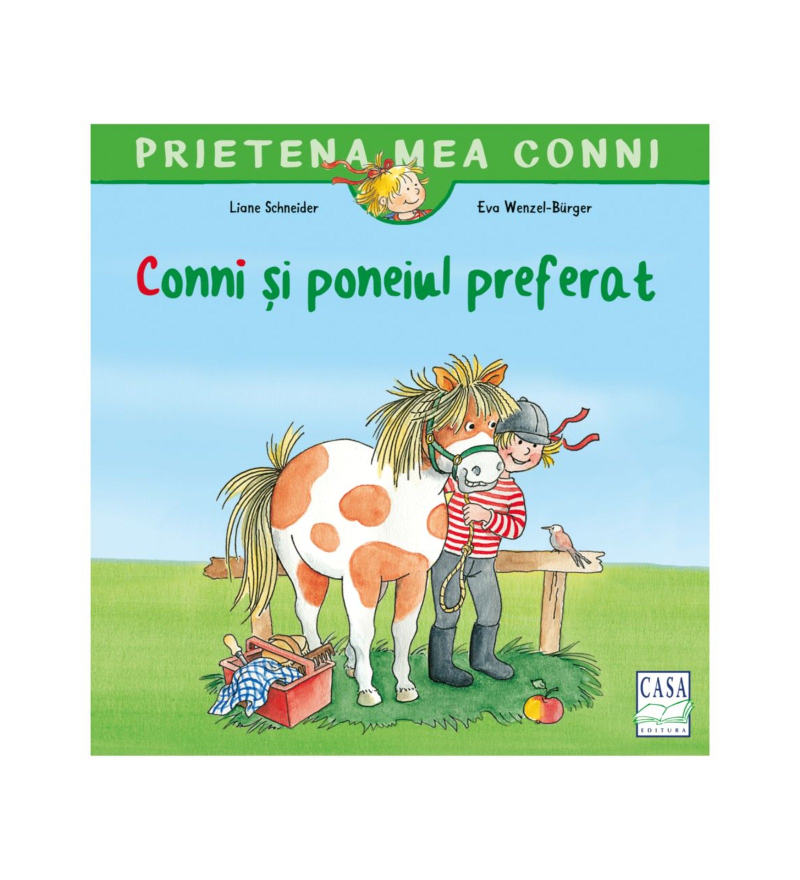 Prietena mea Conni – Conni și poneiul preferat könyv borítója, amelyen Conni szeretettel öleli kedvenc tarka póniját a réten, illusztrált jelenetben.