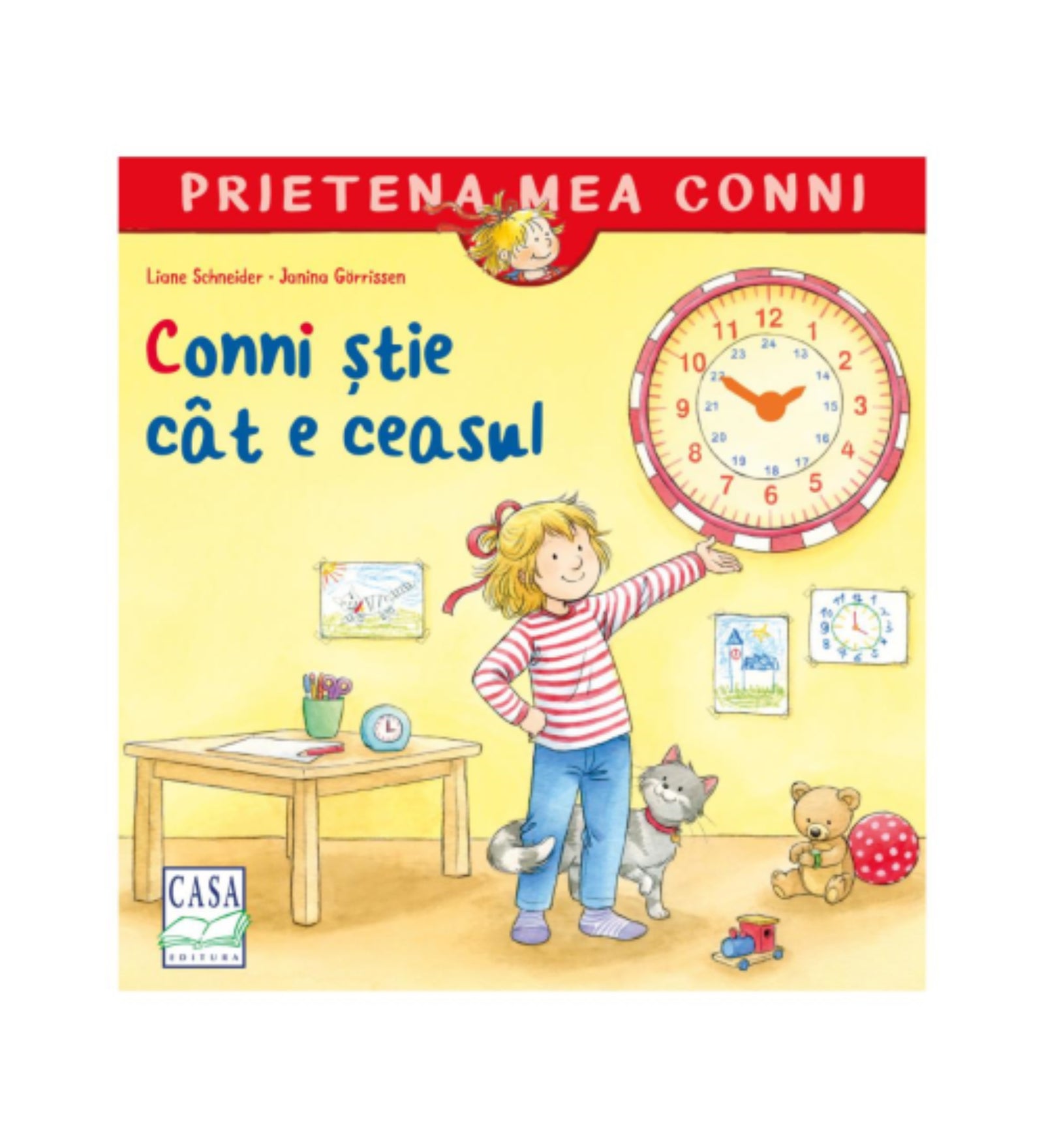 Conni știe cât e ceasul – Prietena mea Conni sorozat borítója, amelyen Conni egy nagy faliórára mutat a szobájában.