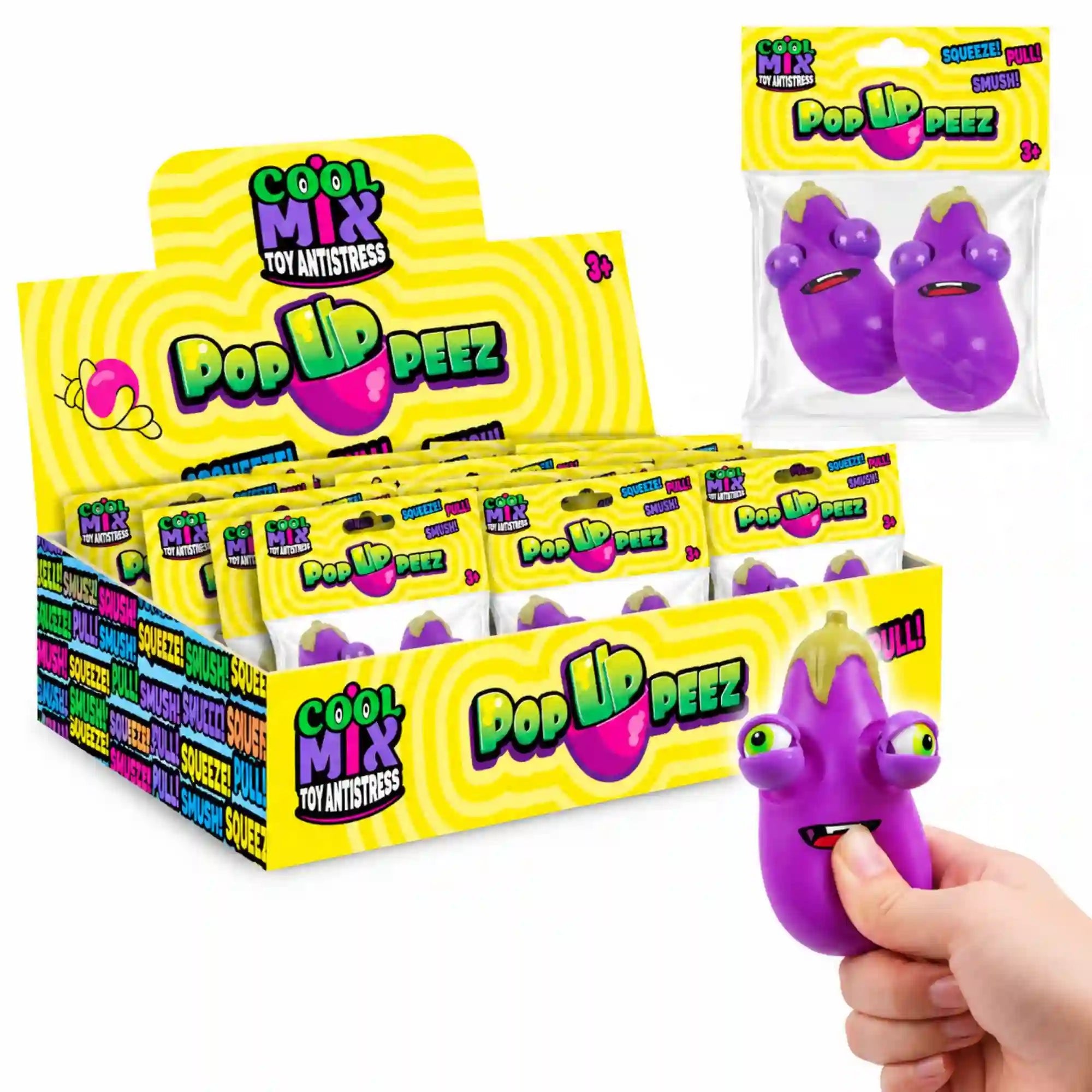 Cool Mix PopUppeez padlizsán kidülledő szemekkel stresszlevezető játék – display dobozban és használat közben