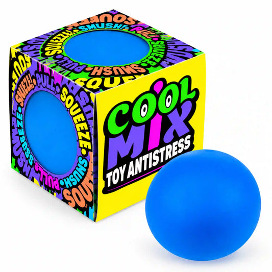 Cool Mix stresszlabda – kék stresszlevezető labda színes Cool Mix Toy Antistress doboza mellett.
