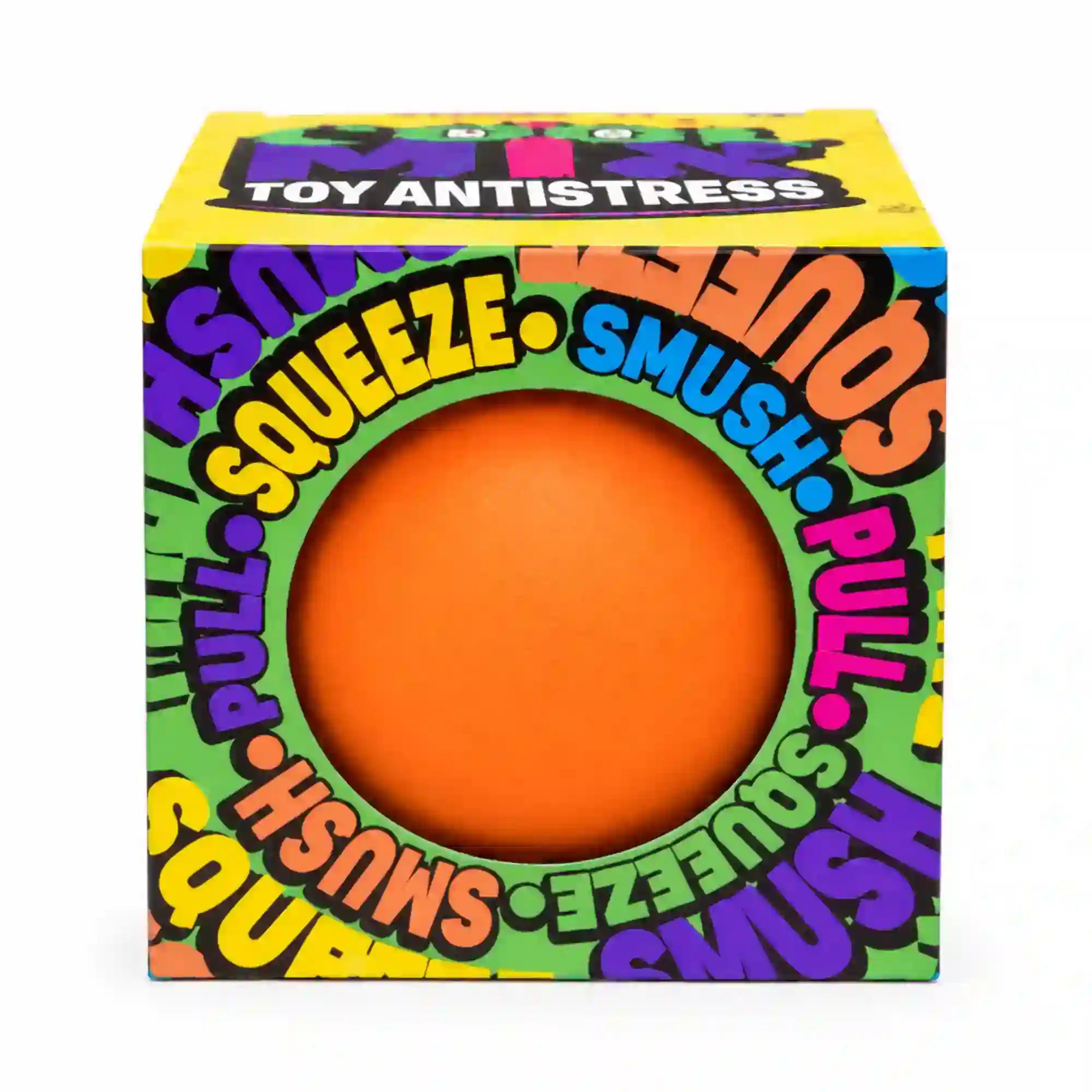 Cool Mix Squishy stresszlabda (narancssárga) – narancssárga stresszlevezető labda színes Toy Antistress dobozban, fehér háttér előtt.
