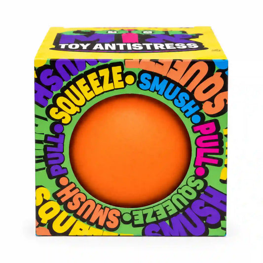 Cool Mix Squishy stresszlabda (narancssárga) – narancssárga stresszlevezető labda színes Toy Antistress dobozban, fehér háttér előtt.