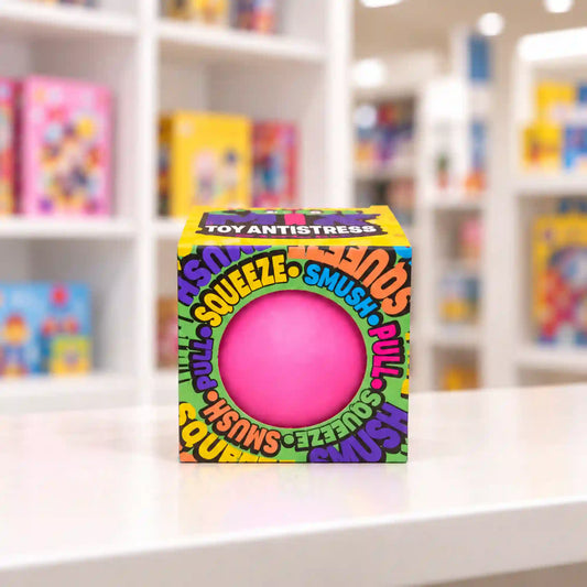 Cool Mix stresszlabda (rózsaszín) – rózsaszín stresszlevezető labda színes Cool Mix Toy Antistress dobozban, üzleti környezetben.