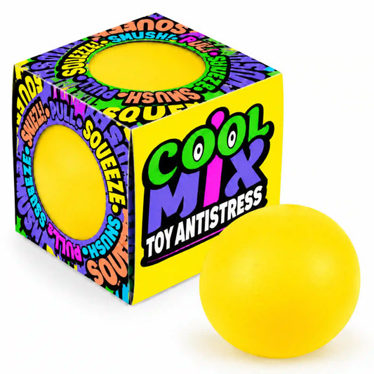 Cool Mix stresszlabda (sárga) – élénksárga stresszlabda színes Cool Mix Toy Antistress dobozával.