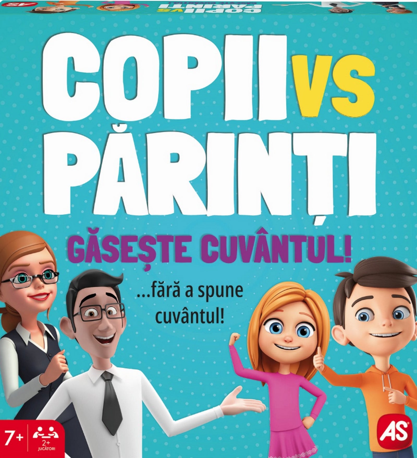 „Copii vs Părinți – Găsește Cuvântul! társasjáték doboza: családi karakterek vidám illusztrációi türkiz háttérrel.”