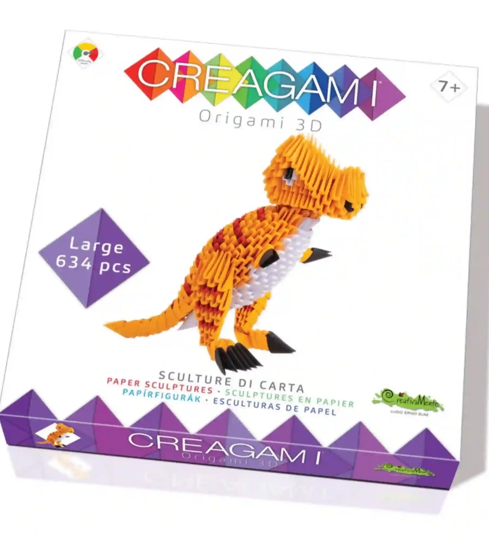 Creagami 3D origami készlet T-Rex doboz, amelyen a megépíthető dinoszaurusz látható, 634 darabos kreatív papírkészlettel.
