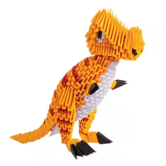 Creagami 3D origami készlet T-Rex elkészült figura, narancssárga papírelemekből összeállított dinoszaurusz modell részletes textúrával.