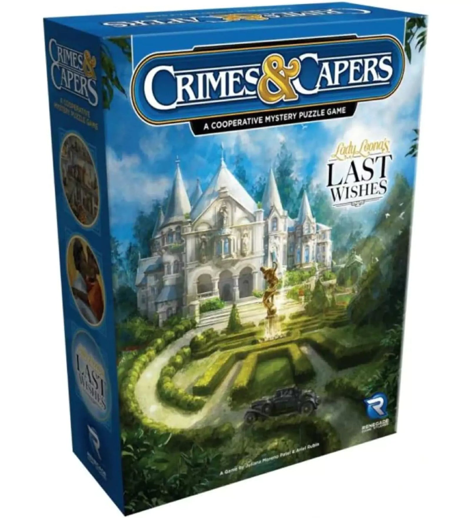A Crimes & Capers: Lady Leona’s Last Wishes társasjáték díszdoboza, amelyen egy impozáns kastély és formális kert látható, a háttérben kék égbolttal.