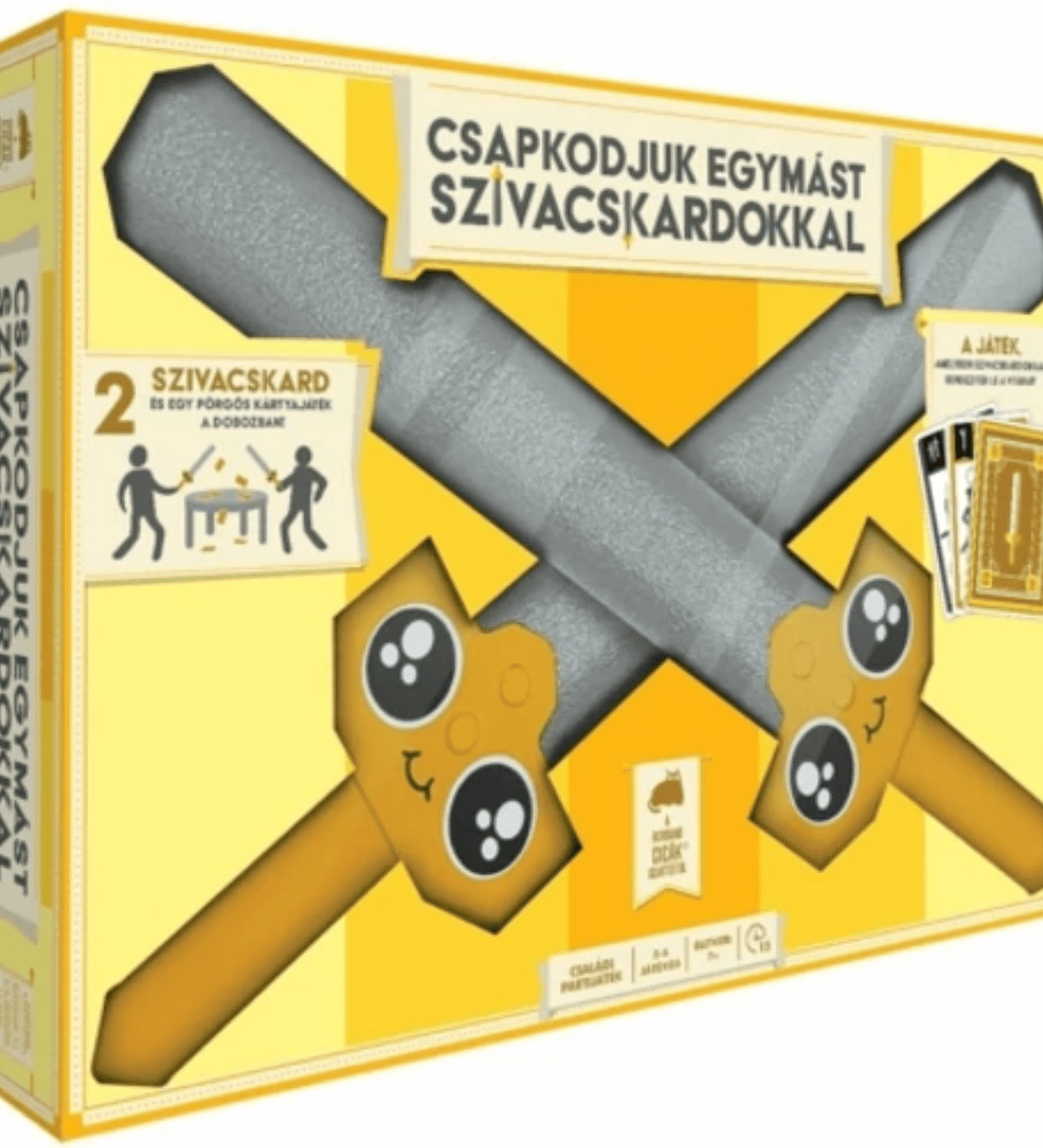 A Csapkodjuk egymást szivacskardokkal játék doboza, amely két aranyos mintás szivacskardot és egy pakli kártyát tartalmaz, vidám sárga dizájnnal.