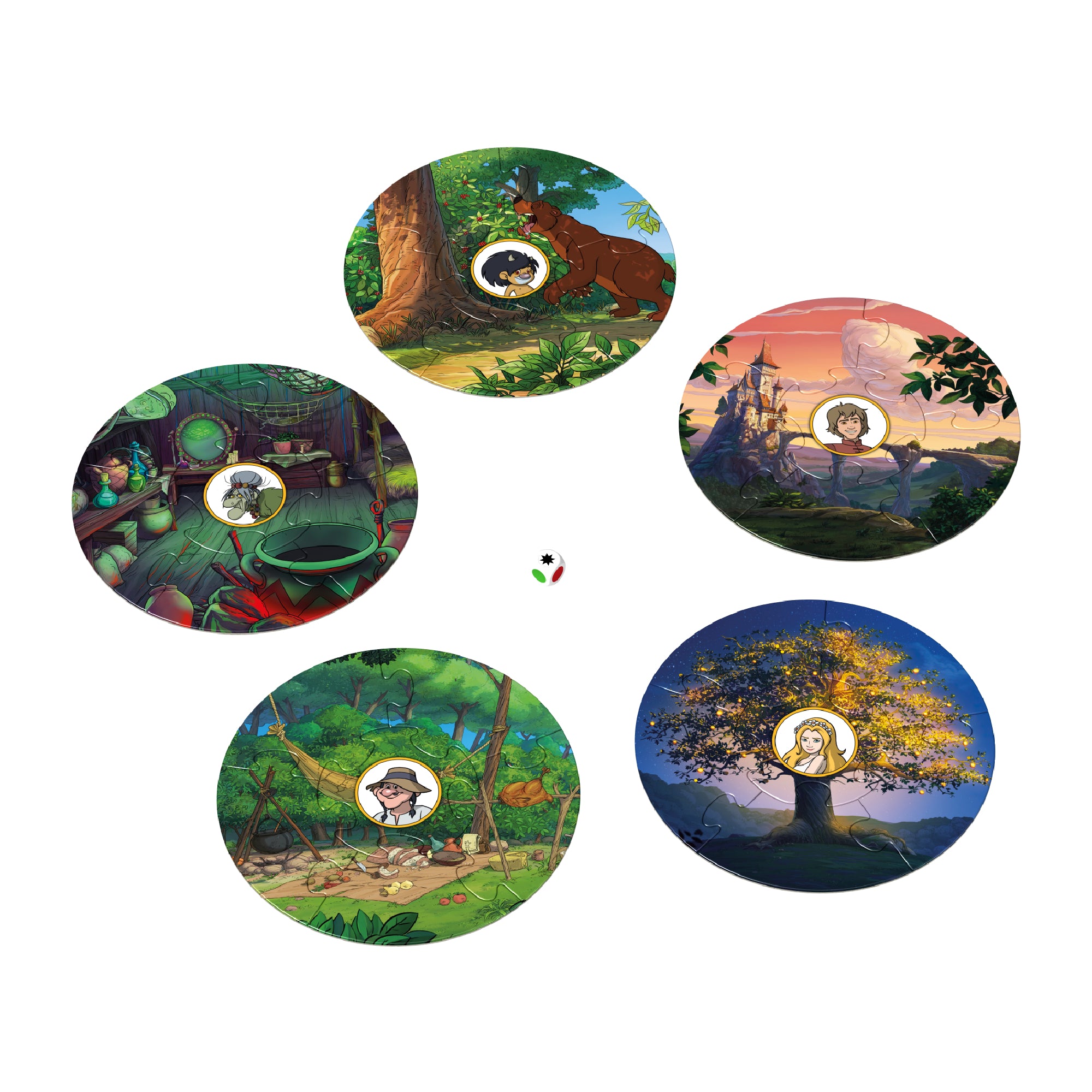 A játékhoz tartozó öt teljes, kör alakú puzzle-kép, mindegyiken egy mesehős középen elhelyezett szimbólummal – köztük Csongor, Tünde, a boszorkány, a remeteféle figura és az erdei jelenetek, középen a színkockával.