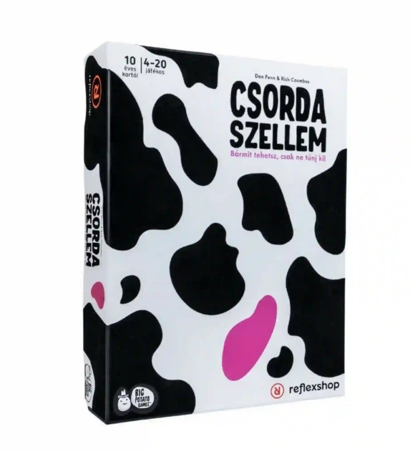 Csordaszellem társasjáték doboza, fekete-fehér tehénmintás dizájnnal és rózsaszín folttal, minimalista grafikai stílusban.