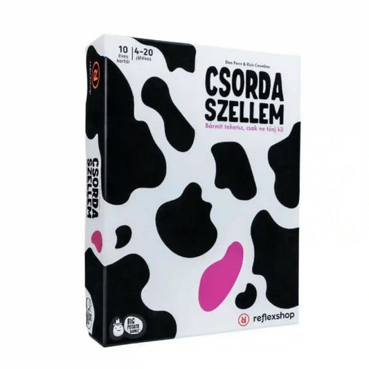 Csordaszellem társasjáték doboza, fekete-fehér tehénmintás dizájnnal és rózsaszín folttal, minimalista grafikai stílusban.