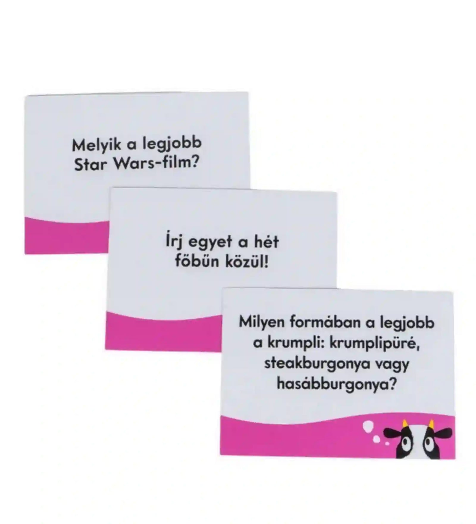 Csordaszellem társasjáték kérdéskártyák, magyar nyelvű vicces és elgondolkodtató kérdésekkel, fehér és rózsaszín dizájnnal.