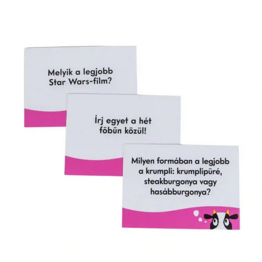 Csordaszellem társasjáték kérdéskártyák, magyar nyelvű vicces és elgondolkodtató kérdésekkel, fehér és rózsaszín dizájnnal.