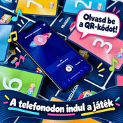 DJ Set zenei kvíz magyar nyelvű társasjáték színes számozott kártyái és témakártyái, középen egy okostelefonnal, amelyen a zenei játék felülete látható.