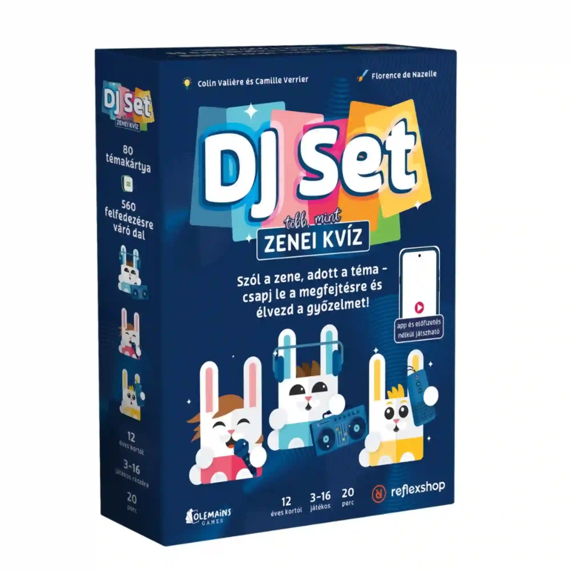 DJ Set zenei kvíz magyar nyelvű társasjáték sötétkék doboza, színes DJ Set logóval, zenélő nyuszifigurákkal és okostelefon-illusztrációval, fehér háttér előtt.