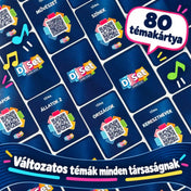 DJ Set zenei kvíz magyar nyelvű társasjáték kék témakártyái QR-kódokkal, színes hangjegyekkel és a 80 témakártyát kiemelő felirattal.