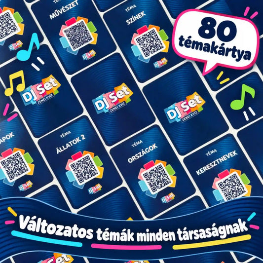 DJ Set zenei kvíz magyar nyelvű társasjáték kék témakártyái QR-kódokkal, színes hangjegyekkel és a 80 témakártyát kiemelő felirattal.