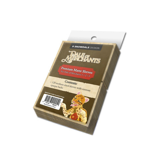 Snowdale Design Dale of Merchants Premium Matte Sleeves – 120 db prémium matt kártyavédő csomag Dale of Merchants 1/2/3 társasjátékhoz, egyedi, nem átlátszó hátoldallal és közepes méretű lapokhoz.