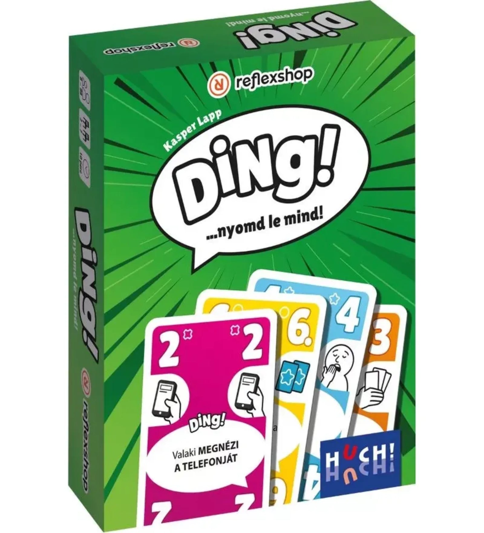 Ding! kártyajáték doboza elölnézetből, színes kártyákkal és a játék logójával.