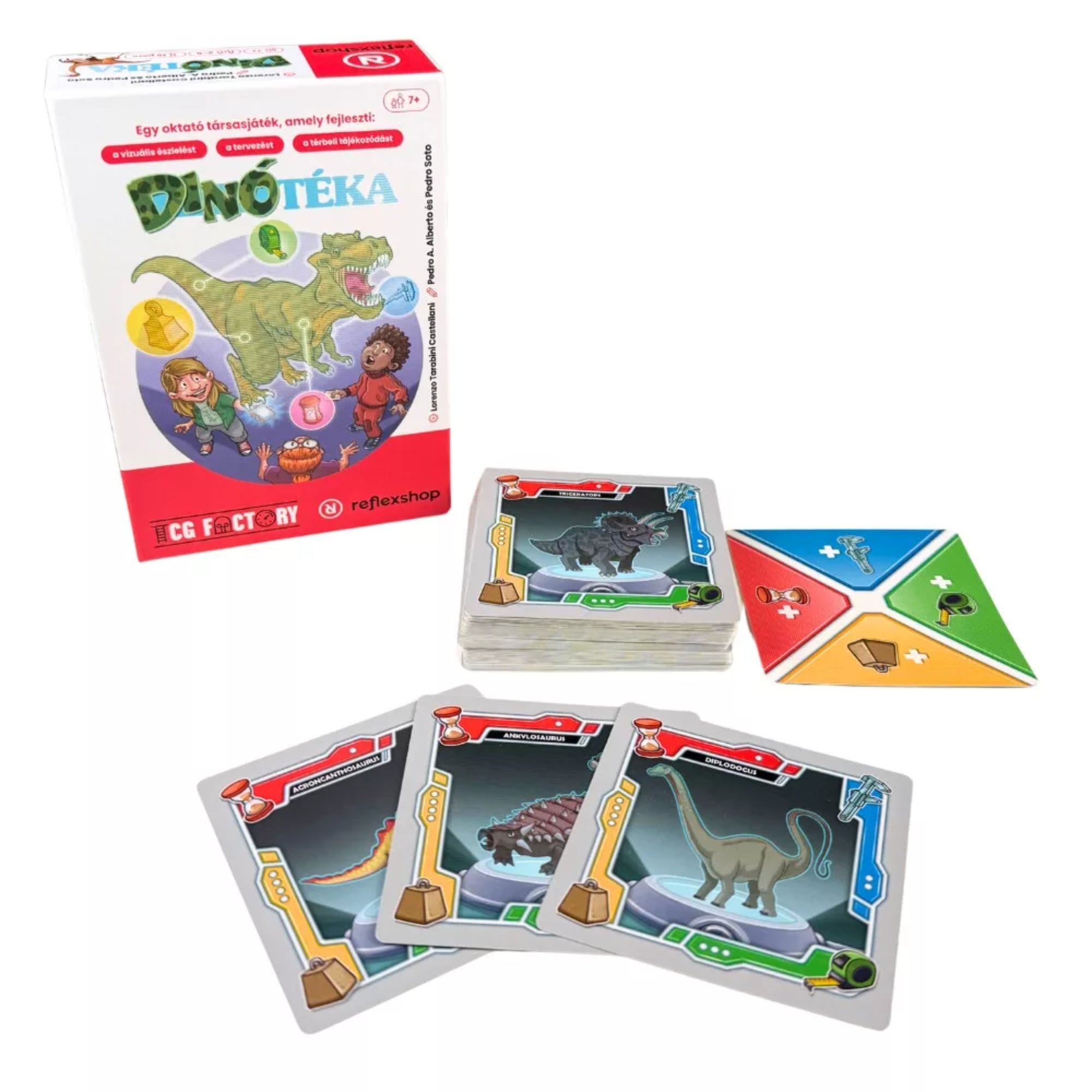Dinótéka társasjáték tartalma: dinoszaurusz kártyák, pakli, játéktábla elemek és a játék doboza.