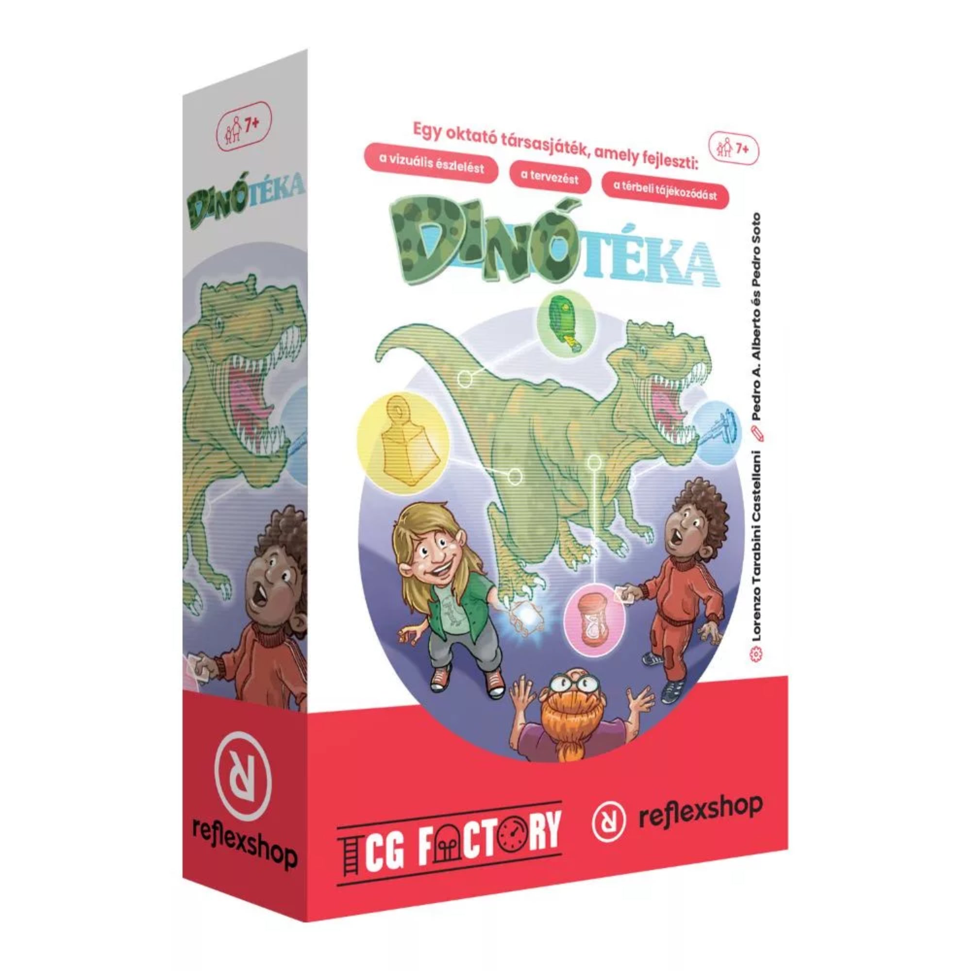 Dinótéka társasjáték doboza perspektívából, a borítón T-rex és gyerekek illusztrációjával.