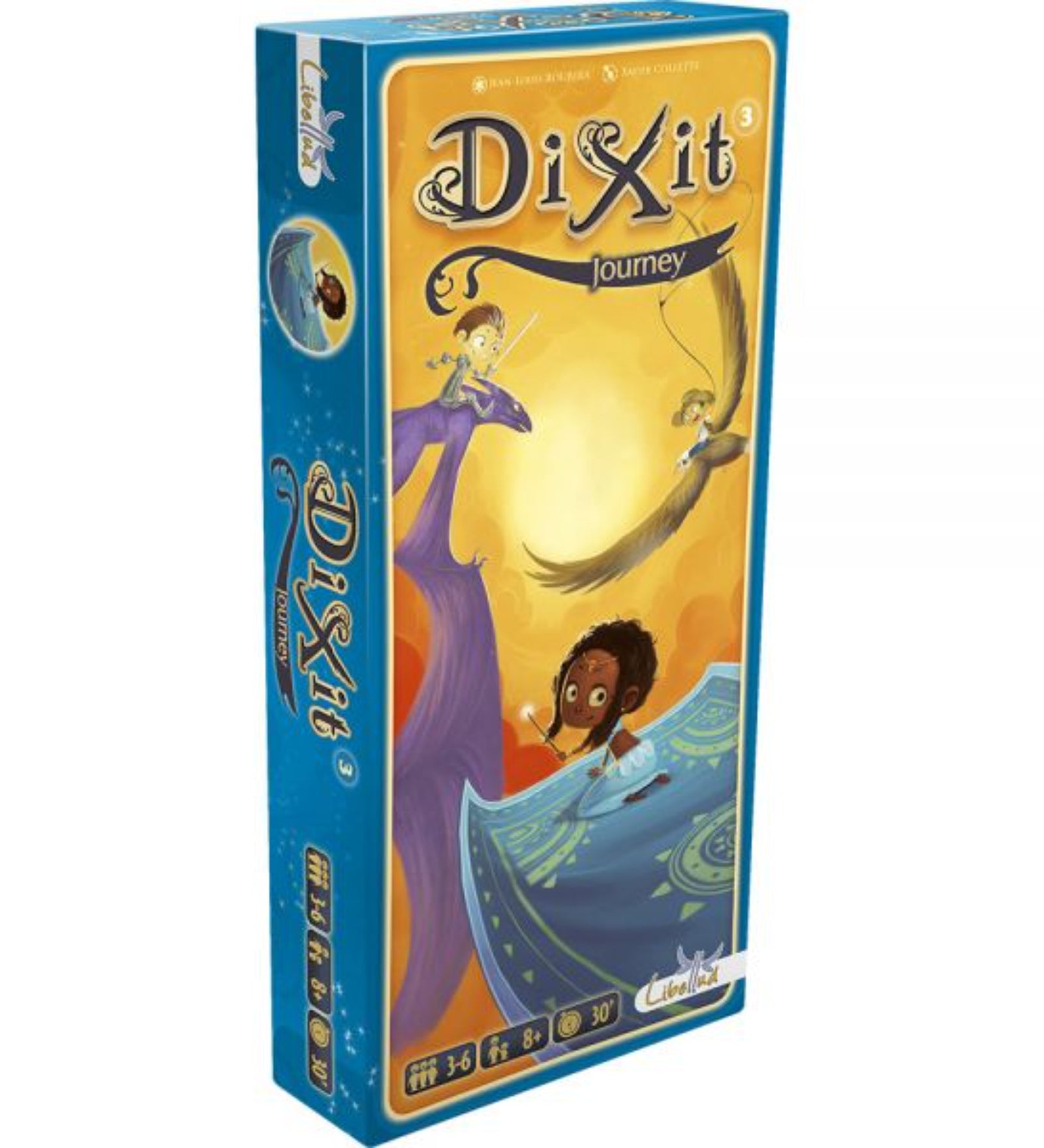 A Dixit 3: Journey társasjáték doboza, amely kék színű kerettel és sárgás-narancs árnyalatú illusztrációval díszített. A borítón egy varázsszőnyegen utazó gyerek látható, mellette egy óriási lila madár és egy repülő ember. A dobozon a játék neve, valamint a játékosok száma (3–6), az ajánlott életkor (8+), és a játékidő (30 perc) is szerepel.