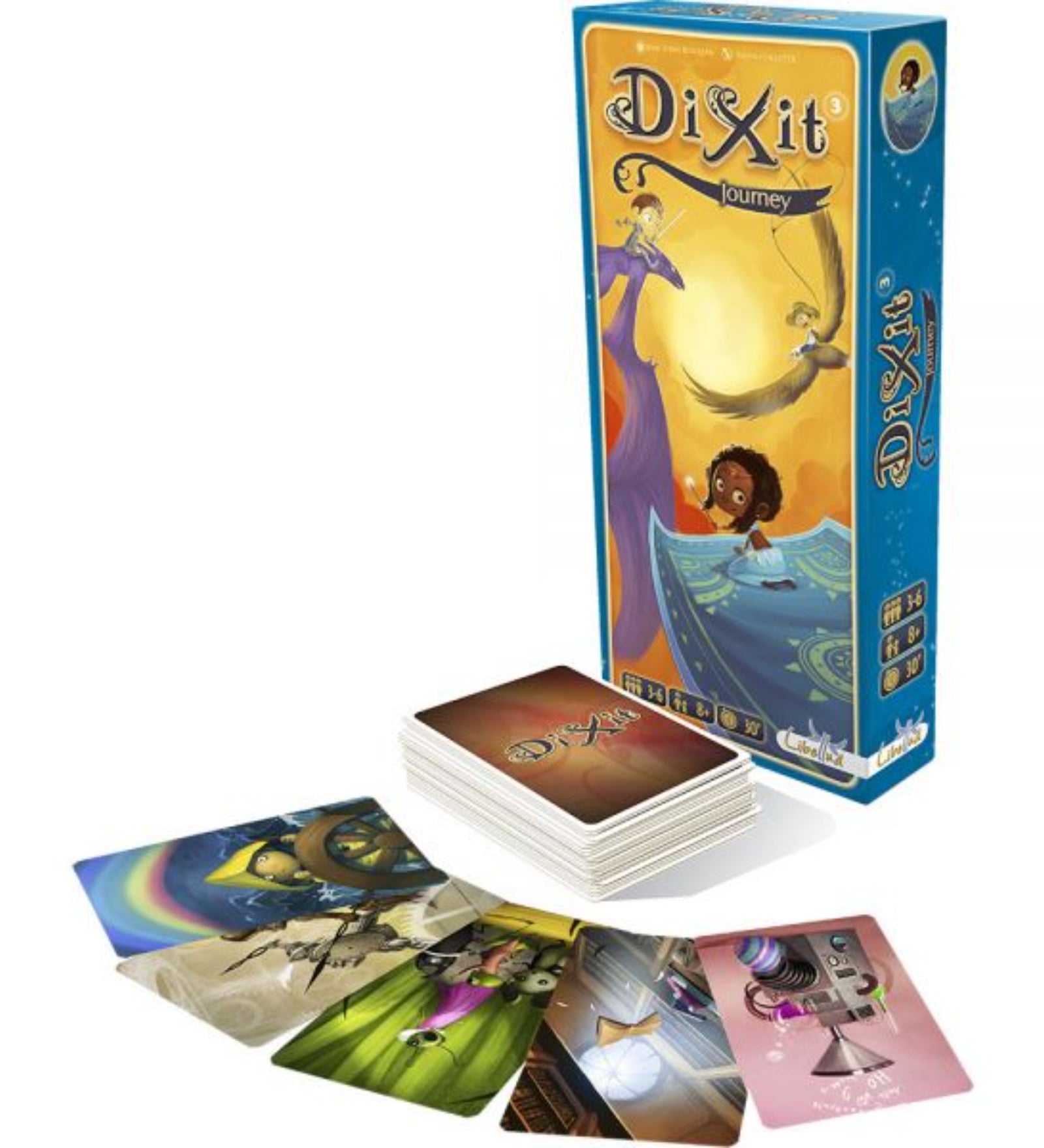 A Dixit 3: Journey társasjáték doboza, amely mellett egy pakli játékkártya és néhány színes, fantáziadús illusztrációval díszített kártya látható. A doboz kék színű, sárgás-narancs árnyalatú borítóján egy varázsszőnyegen utazó gyermek, egy óriási madár és egy repülő ember szerepel. A kártyák egyedi grafikái a játék kreatív és történetmesélős jellegét hangsúlyozzák.