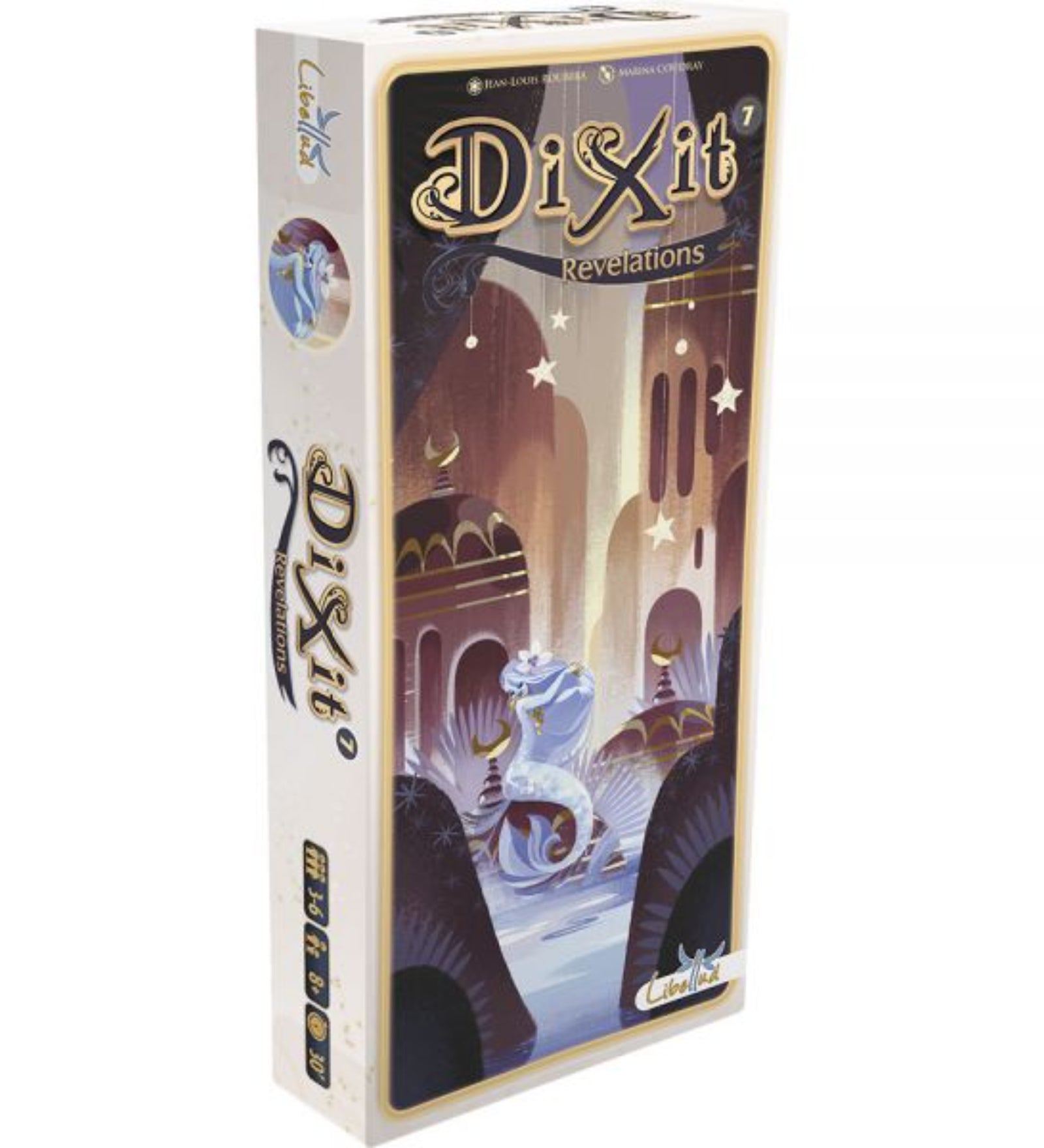 A Dixit 7: Revelations társasjáték doboza, amely világos színvilágú, elegáns és fantáziadús illusztrációval díszített. A borítón egy misztikus jelenet látható, amelyben egy kék színű szellem vagy dzsinn tűnik fel egy keleti stílusú épület előtt, csillagokkal és fényekkel körülvéve. A dobozon a játék neve, valamint a játékosok száma (3–6), az ajánlott életkor (8+), és a játékidő (30 perc) is szerepel.