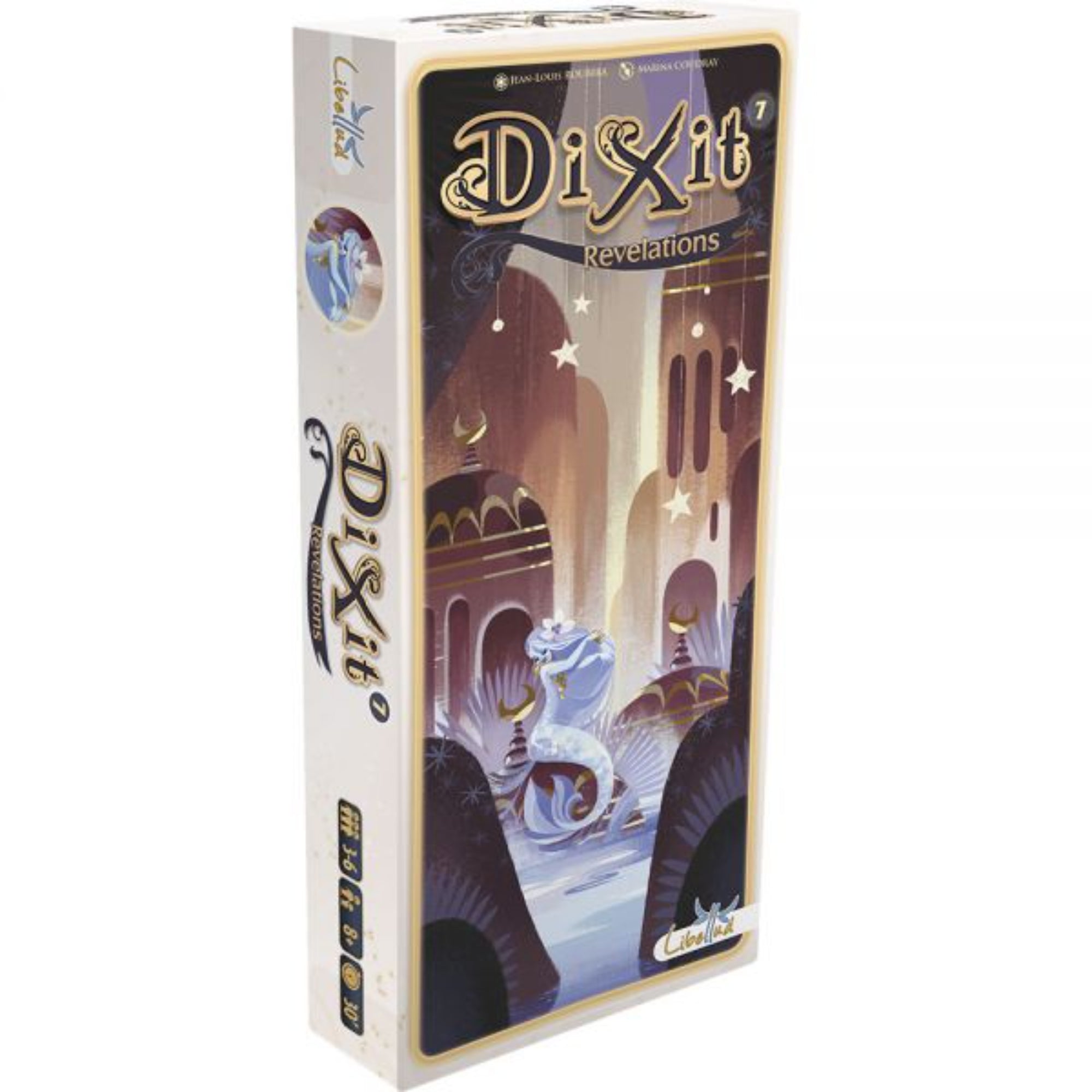 A Dixit 7: Revelations társasjáték doboza, amely világos színvilágú, elegáns és fantáziadús illusztrációval díszített. A borítón egy misztikus jelenet látható, amelyben egy kék színű szellem vagy dzsinn tűnik fel egy keleti stílusú épület előtt, csillagokkal és fényekkel körülvéve. A dobozon a játék neve, valamint a játékosok száma (3–6), az ajánlott életkor (8+), és a játékidő (30 perc) is szerepel.