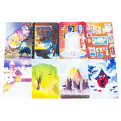 Dixit Kids társasjáték illusztrált kártyái, mesés helyszínekkel és fantáziadús jelenetekkel.