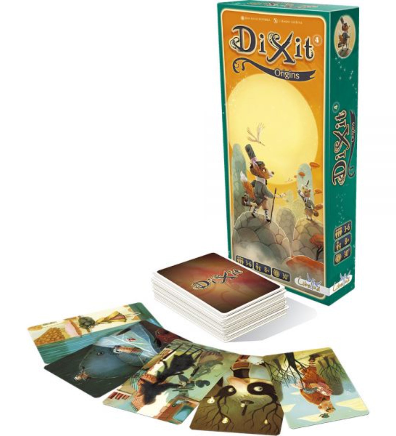 A Dixit Origins társasjáték doboza, mellette egy pakli kártyával és néhány szétszórt, színes illusztrációkkal díszített játékkártyával. A doboz zöld színű, sárga holdas háttérrel, a játékkártyák pedig fantáziadús, művészi grafikákat ábrázolnak, amelyek a játék történetmesélős jellegét hangsúlyozzák.