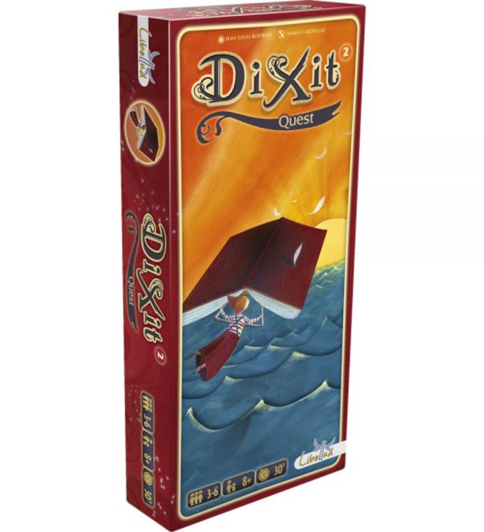 A Dixit Quest társasjáték doboza, amely vörös színű, és egy művészien illusztrált jelenetet ábrázol, ahol egy hatalmas könyv lebeg a hullámzó tenger felett, mintha egy hajó lenne. A dobozon a játék neve, valamint a játékosok száma (3–6), az ajánlott életkor (8+), és a játékidő (30 perc) is feltüntetve.