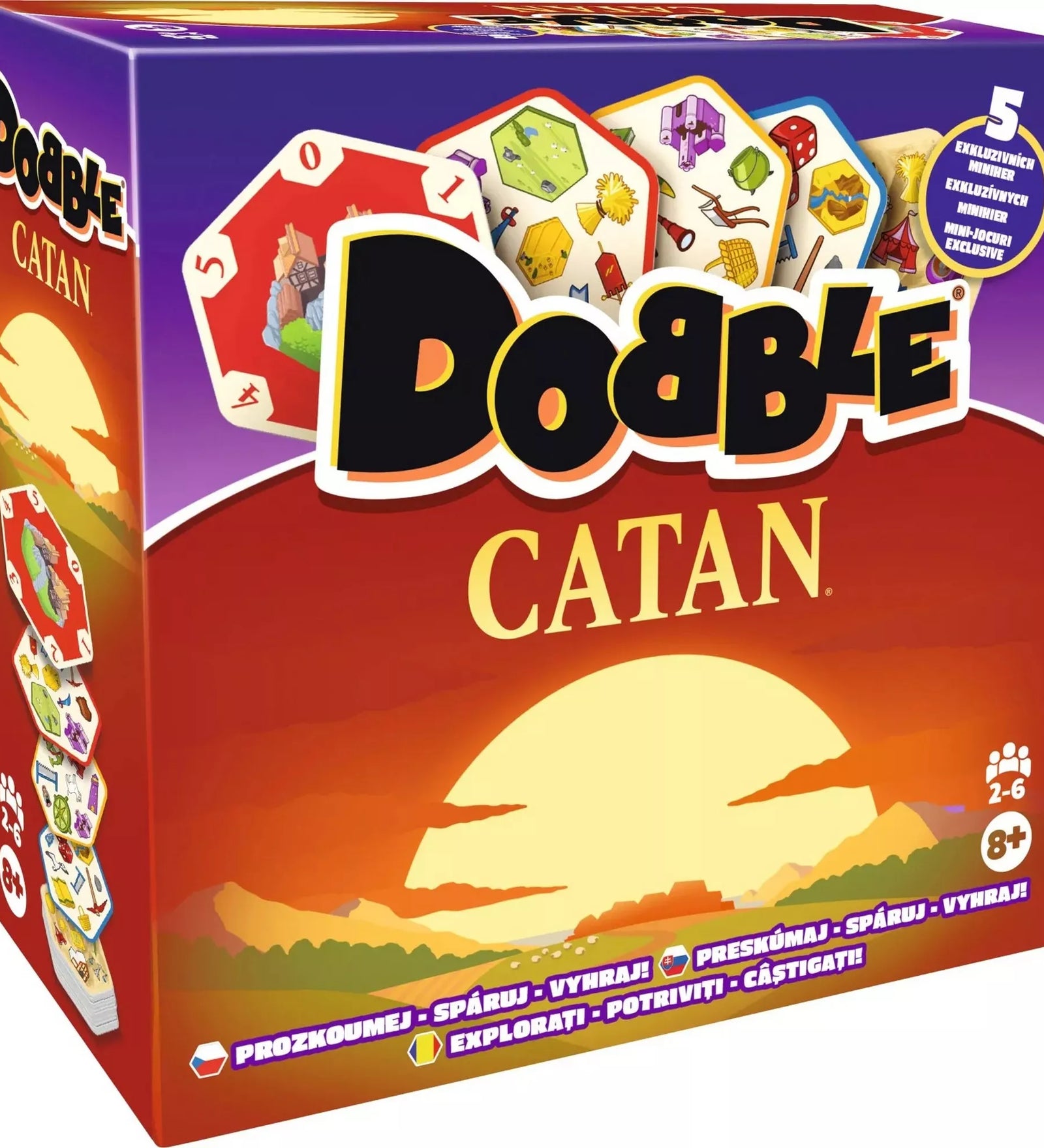Dobble Catan doboza naplementés háttérrel és a Catan világát idéző illusztrációkkal.