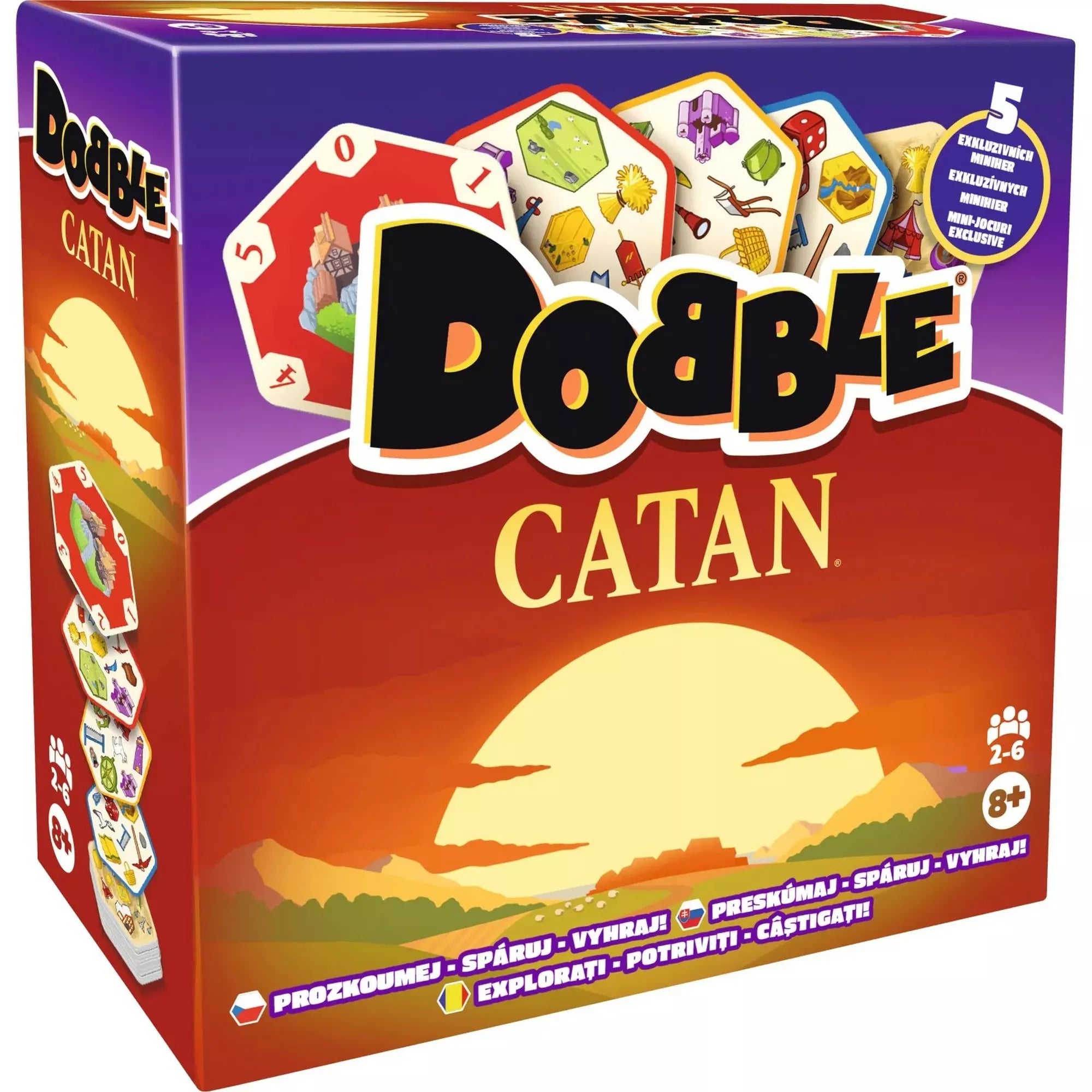 Dobble Catan doboza naplementés háttérrel és a Catan világát idéző illusztrációkkal.