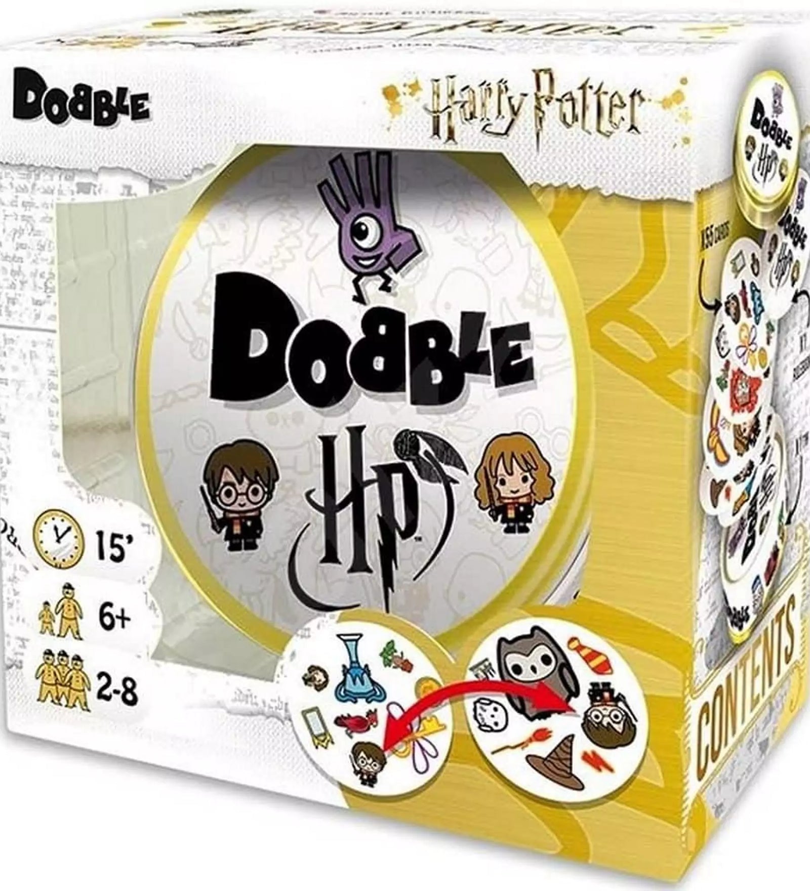  A Dobble: Harry Potter kiadásának doboza, amely tele van varázslatos ikonokkal és a híres karakterekkel.