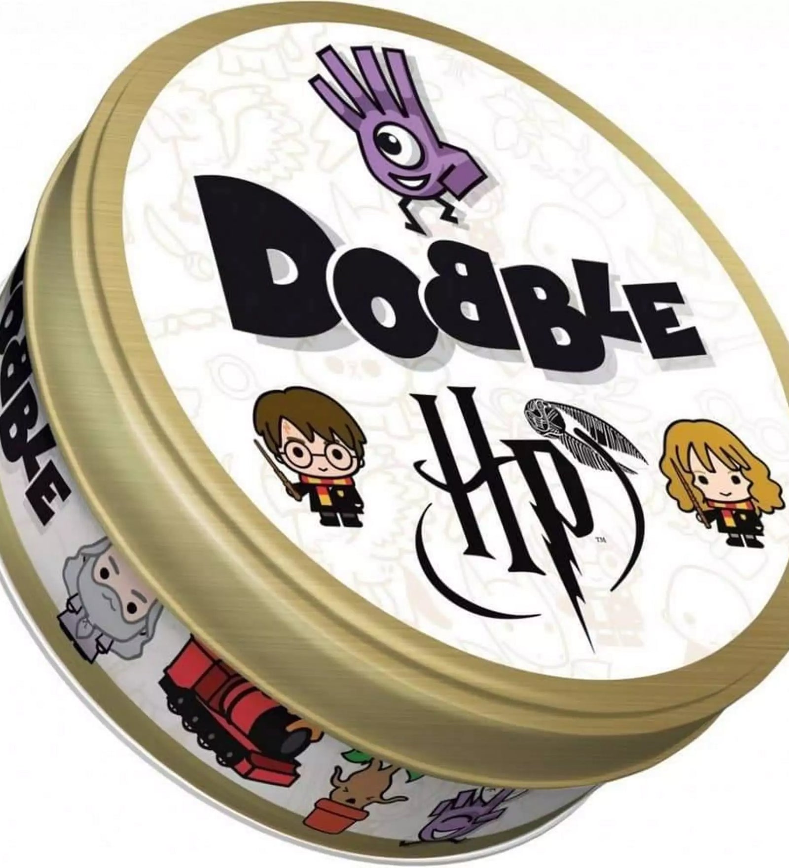 A Dobble: Harry Potter kiadásának aranyszínű fém doboza, amely ikonikus szereplőkkel és varázstárgyakkal van díszítve.