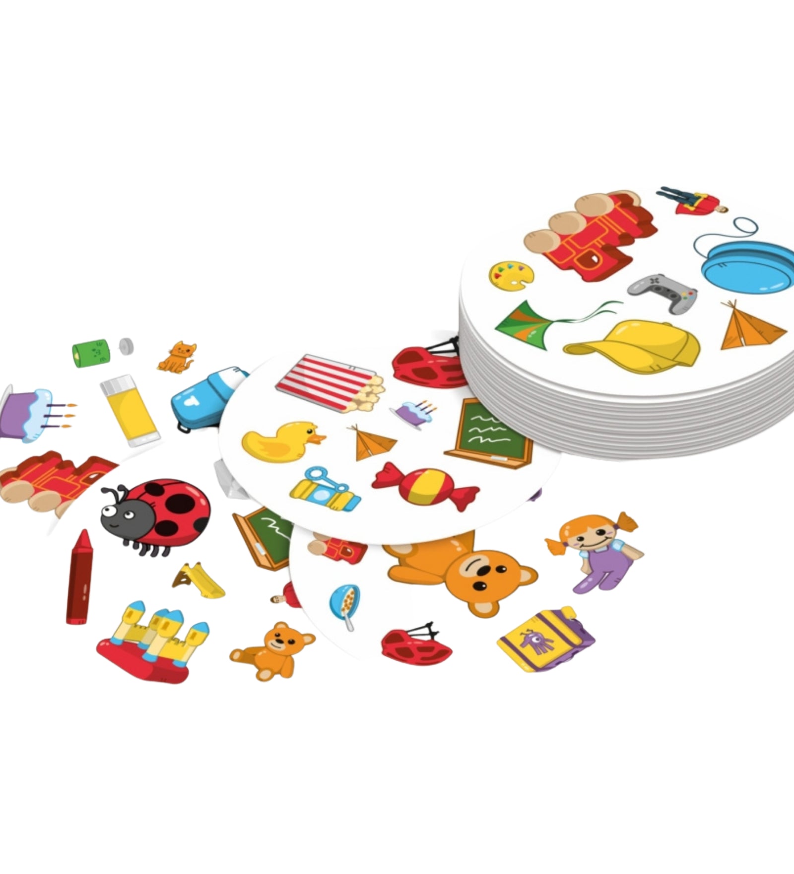 A "Dobble Kids" társasjáték kártyái, amelyek vidám illusztrációkat tartalmaznak.