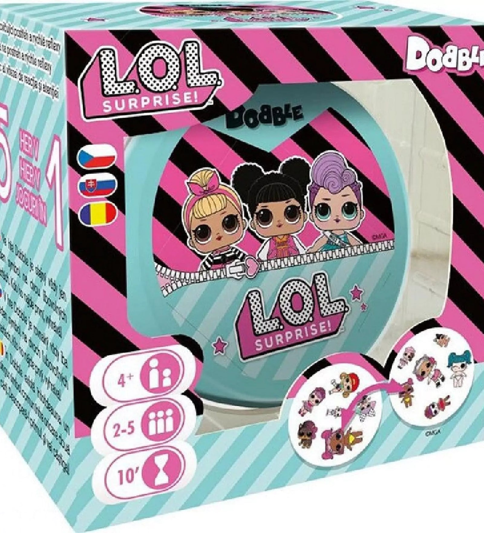 Dobble LOL Surprise! játék doboza, 5 mini játékot tartalmaz.