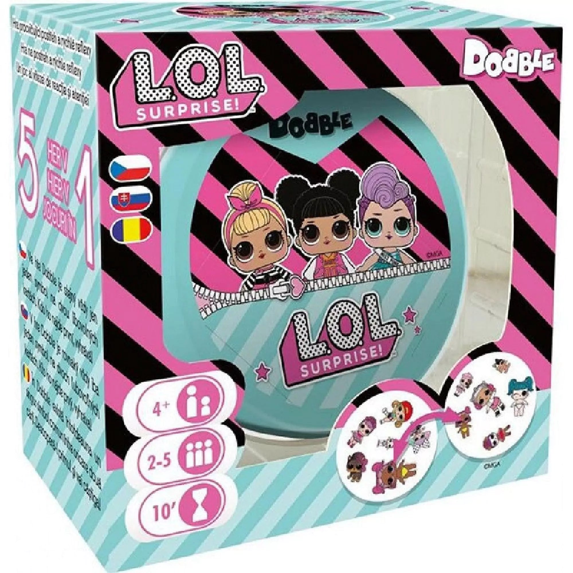 Dobble LOL Surprise! játék doboza, 5 mini játékot tartalmaz.
