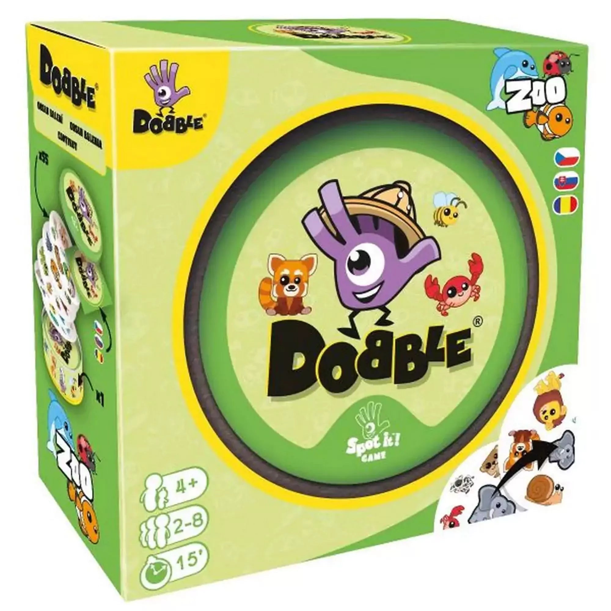 A Dobble Zoo zöld színű doboza, melyen a játék logója és állatfigurás kártyák láthatók.