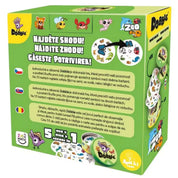 A Dobble Zoo doboz hátoldala, játékismertetővel és többnyelvű leírással.